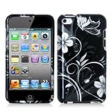 Rubberized Black Silver Vine Flower Butterfly Snap on Design Case Hard Case Skin Cover Faceplate for Apple Ipod Touch 4g 4th Generation