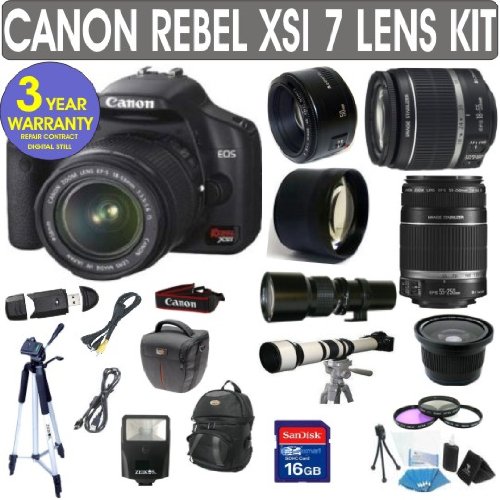 Canon Rebel XSi + Canon 18-55mm Lens + Canon 55-250mm Lens + Canon 50mm Lens +500mm Preset Lens + 650-1300mm Lens + .40x Fisheye Lens + 2x Telephoto Lens + 3 Year Celltime Warranty Repair Contract