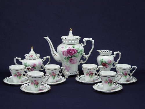 17-piece Rose Bloom & Heart-accented Coffee Set w/ Cream, Sugar, Coffee Pot
