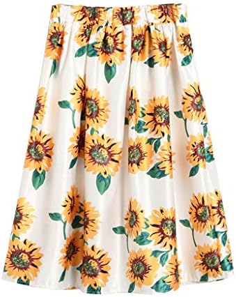 WenVen Women's Flower Knee Length Pleated Umbrella Skirt Elastic(Yellow,Tag L)