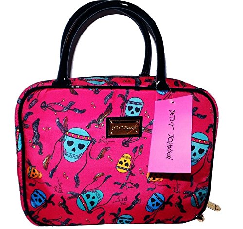 Betsey Johnson Weekender Cosmetic Bag , Pink Feather Skulls