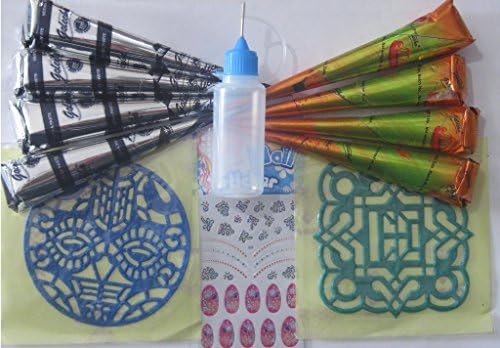 Golecha Henna Henna Cones Tattoo Kit 4 Black + 4 Brown +Applicator Stencil Nail Art Sticker