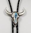 Turquoise Enamel Polished Pewter Longhorn Skull Bolo Tie