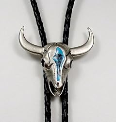 Turquoise Enamel Polished Pewter Longhorn Skull Bolo Tie