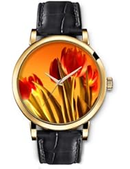 SPRAWL Aanalog Fashion Series Gold Ladies Watches of Genuine Black Leather Strap,Unique Wrist Watch for Women Girls Designed with red tulips