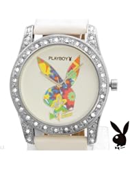 Playboy Watch Bunny Logo Flower Power Retro Style Swarovski Crystals White Strap Ladies Designer Fashion Official