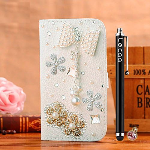 Locaa(TM) For Nokia Lumia 630 Nokia630 Lumia630 3D Bling Case + Touch stylus + Anti-dust ear plug Deluxe Luxury Crystal Pearl Diamond Rhinestone eye-catching Beautiful Leather Retro Support bumper Cover Card Holder Wallet Cases -[General series] bowknot pendant 2