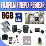 Fujifilm FinePix F550EXR 16 MP CMOS Digital Camera with Fujinon 15x Super Wide Angle Zoom Lens and GPS Geo-Tagging Function (International Model No Warranty) (Gold) 8GB SD HC Card Battery, Charger and More Accessory Saver Bundle
