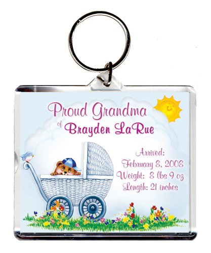 Proud Grandma Too Cute Birth Announcement Photo Key Chain, Personalized, 2.75 x 3.25 Carriage (Boy)