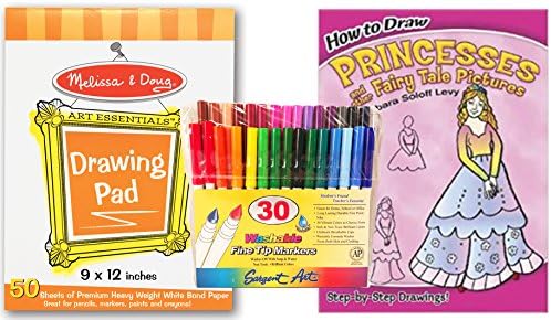 Sargent Art Washable Fine Tip Markers, Melissa &amp; Doug Art Essentials Drawing Pad, and Dover How to Draw Princesses and other Fairy Tale Pictures Guide with Clear, Step by Step Diagrams - Beginner Set