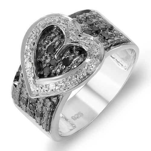 0.33 Carat (ctw) Sterling Silver Buckle Heart Ladies Round Black and White Diamond Cocktail Right Hand Ring 1/3 CT (Size 7)