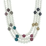 3-Row White Simulated Pearl and Multi-Color Pave Gun Metal Tone Necklace, 18+3 Extender