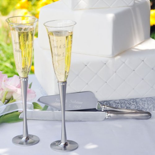Brushed Rhinestone Champagne Flutes & Cake Server Set