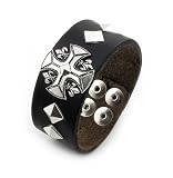 Mens Black Leather Cross Sterling Silver Bracelet
