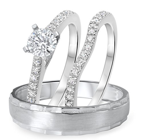 3/4 CT. T.W. Diamond Ladies Engagement Ring, Wedding Band, Men's Wedding Band Matching Set 14K White Gold- Size 8.75