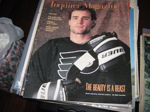 Eric Lindros...The Beauty Is A Beast...Philadelphia Flyers (Philadelphia Inquirer Newspaper Magazine , Dorrit Bern , Perrier , Raquel Higgins, April 6 , 1997)
