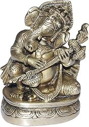 Brass Statue Sitting Ganesha Playing Bina 2.5 x 2.5 x 4 inches