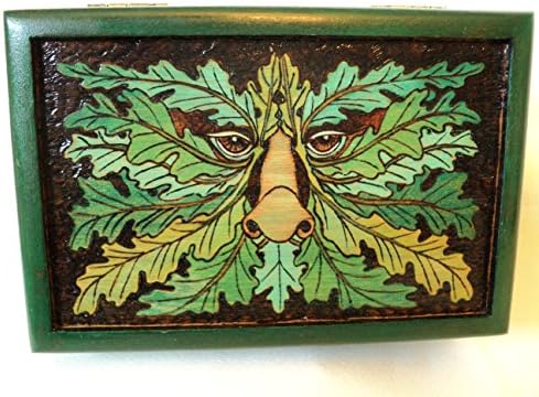 Beautifully Colored Solid Cherry Wood Woodburned Greenman, King of the Forest, Oak King, Forest Spirit, Wooden Jewelry Box