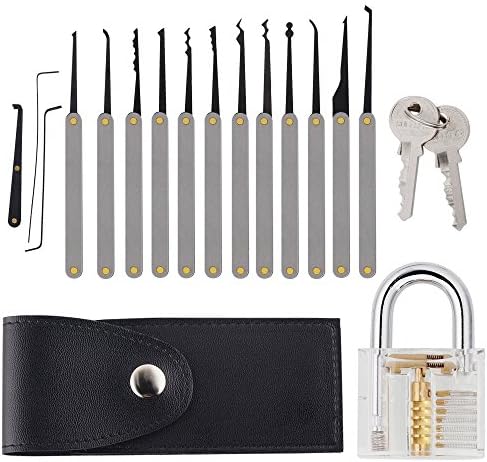 Teika Professional Transparent Cutaway Lock Padlock Inside View for Practice Training Trainer Locksmith with 12-Piece Unlocking Lock Pick Set Key Extractor Tool and Transparent Practice Padlocks