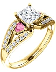 14K Yellow Gold Princess Cut Diamond and Pink Sapphire Ring -- LIFETIME WARRANTY