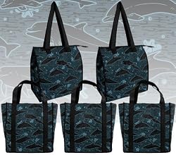 Dolphins Shopping Bags Reusable Grocery Bags 5 Pc Set Dolphin print SET 5 Pieces 2 Insulated Zippered Bags and 3 Sturdy Shopping Bags in Designer Prints GIFT IDEA