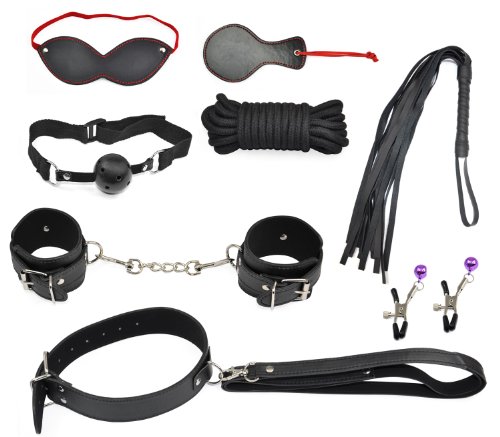 Easyfashion Black Bondage kit Leather Restraint Bedroom Fun 8pcs Adult Set