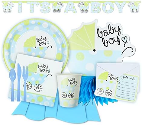 Bouncing Boy Baby Shower Light Blue Tableware and Decorations, Complete Party Set for 12