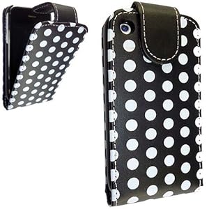 FOR APPLE IPHONE 3 3G 3GS STYLISH WHITE POLKA SPOTS PRINT ON BLACK LEATHER FLIP CASE COVER POUCH