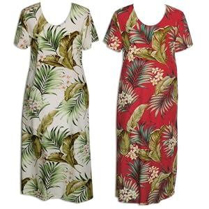 Regular & Plus Size Round Neck Long Dress - Plumeria Paradise Hawaiian Aloha Caftan/Kaftan Style Evening Dress