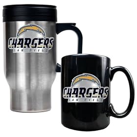 San Diego Chargers NFL 16 Oz Stainless Steel Travel Mug and Ceramic Coffee Mug Set - Team Logo