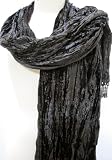 Crushed Velvet Scarf Stole Shawl Wrap with Beaded Fringe Black