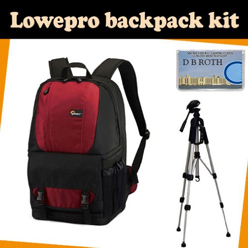 LowePro Backpack kit which includes the Lowepro Fastpack 250 (Red) + TR-60N Camera Tripod + DB ROTH Micro Fiber Cloth.