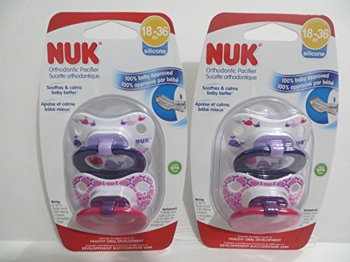 4 Nuk Orthodontic Silicone Pacifiers BPA Free 18-36 mo Girl Whales + Marrakesh (2 Packages that have 2 Pacifiers in Each Package) (Girls Pink)