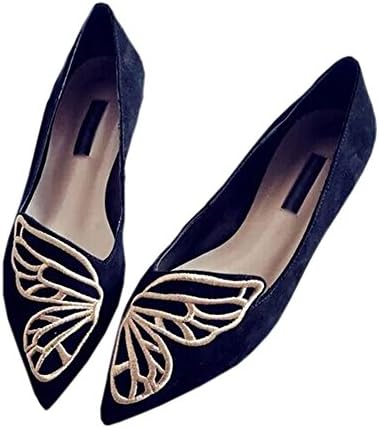 Landoo Autumn Dermis Flat Heel Shallow Pointed Toe Butterflies Embroidered Casual Thin Shoes (Black, 8)