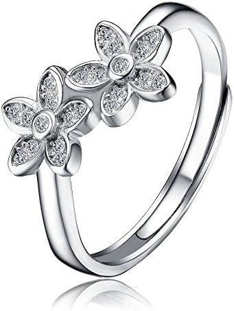 Tyzon Solid 925 Sterling Silver Two Flowers Design Cubic Zirconia Women Adjustable Open Ring