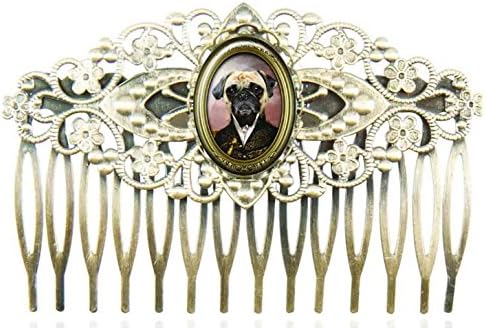 Filigree hair comb with with oval glass cabochons protecting a design with a dog dressed up an army general