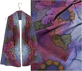 ULRIKE Oblong Crepe de Chine Silk Scarf - The black edged fantasy floral overlays a broad zigzag of darkest teal, umber, mulberry, burnt orange, purple, sage and taupe.