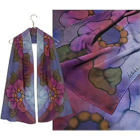 ULRIKE Oblong Crepe de Chine Silk Scarf - The black edged fantasy floral overlays a broad zigzag of darkest teal, umber, mulberry, burnt orange, purple, sage and taupe.
