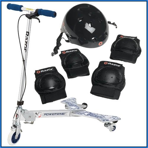 Razor Powerwing Caster Scooter Silver Bundle With Youth Helmet and Pad Set 