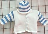 Knitted on Hand Knitting Machine Finished By Hand Crochet White Cotton with Blue Stripe Infant Boys Cardigan, Hat Set Sleeves and Hat with Four Stripes