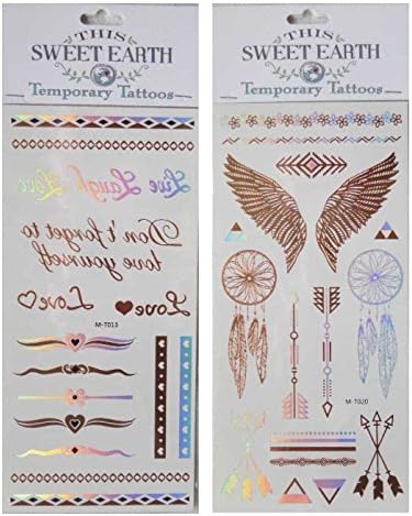 Metallic Gold and Silver Temporary Tattoo Jewelry Beautiful Bling (2 sheets, each 4" by 8") rings, bracelets, feathers, arrows, "Love" and more