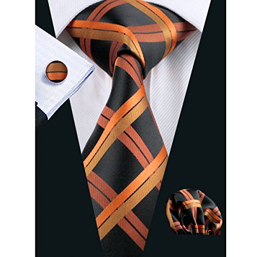 Hi-Tie Mens Orange Silk Tie Hanky Cufflinks set 6 Styles for Choose