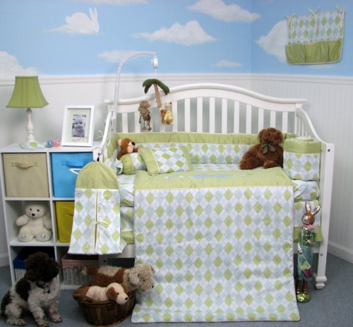 Sage and Sky Blue Argyle Baby Bedding 10 Pieces Crib Set.