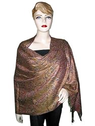 India Jamawar Medium Carmine Paisley Pashmina Shawl,Wrap Throw Reversible Free Shipp