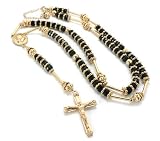 Gold with Black 39 Inch Glass Beaded Chain Jesus Rosary Cross Pendant with Prayer Hands Charm Necklace