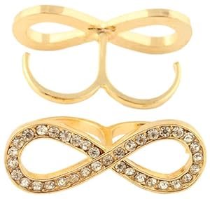Ladies Gold with Clear Iced Out Thick Infinity Sign Double Finger Ring One Size Fits All