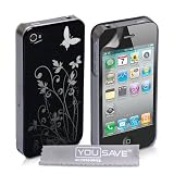 Designer Black And Silver Butterfly Floral Pattern Hard Hybrid IMD Case Cover And Screen Protector For The Apple iPhone 4 / 4S Siri ~ Yousave Accessories