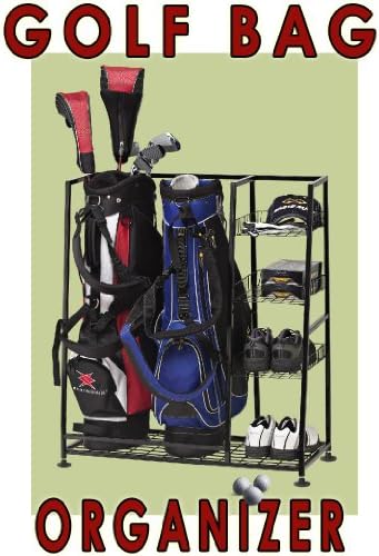 Deluxe Golf BAG Organizer- Golf Bag and Equipment Organizer- Rack/shelves- Keep Your Golf Gear in One Place. Three Basket Shelves for Accessories and Bottom Shelf for Shoes- Chrome Finish