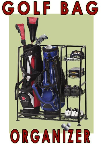 Deluxe Golf BAG Organizer- Golf Bag and Equipment Organizer- Rack/shelves- Keep Your Golf Gear in One Place. Three Basket Shelves for Accessories and Bottom Shelf for Shoes