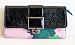 Balenciaga Vintage Crafted Black Leather Continental Wallet with Multi Color Silk Fabric, Small Leat
